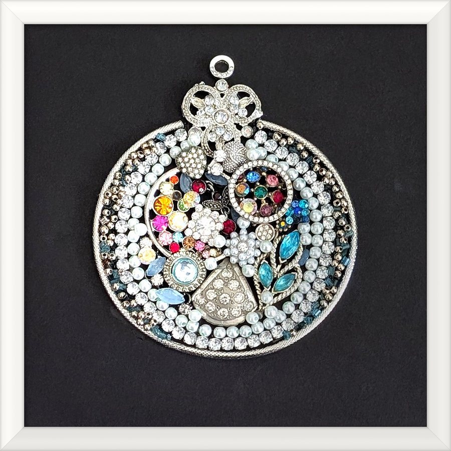 Holiday bulb ornament jewelry art in a white frame