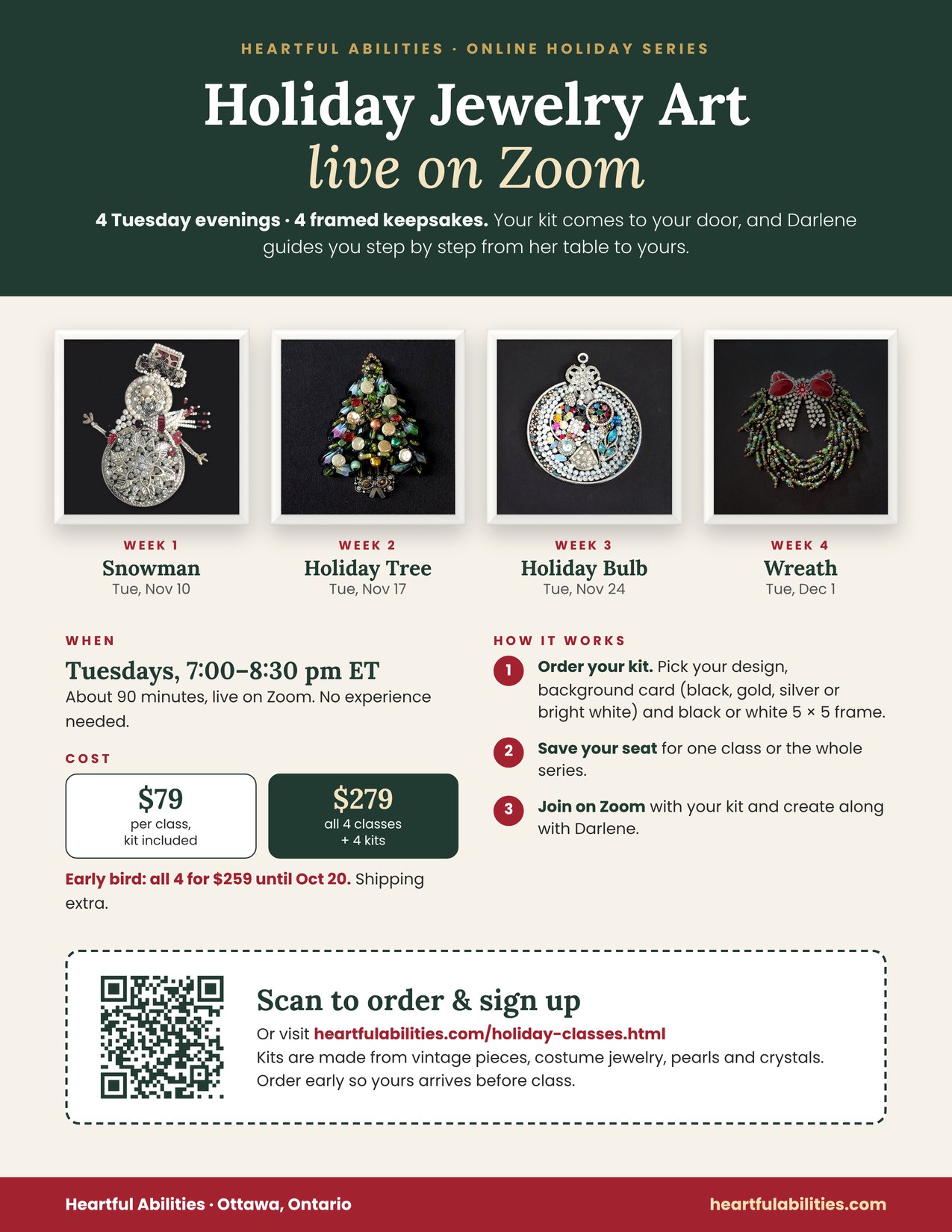 Flyer: Holiday Jewelry Art live on Zoom, four Tuesday classes from November 10 to December 1, 7:00 to 8:30 pm Eastern, Snowman, Holiday Tree, Holiday Bulb and Wreath, $79 per class with kit or $279 for all four